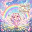 © Deepa - Cute Chibi Angel Girl Holding a Glowing Heart with Rainbow
