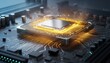 © sam richter - Powerful CPU processor glows intensely gold atop detailed dark circuit board motherboard.