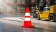 © Oleksandr - Bright orange safety cone with reflective stripes on a polished concrete floor, signaling caution in a bustling warehouse environment with operational equipment in the soft background