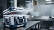 © AlignedArt - open frozen vaccine transport case with medical vials and cold vapor inside pharmaceutical laboratory