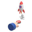 © lrunups - Flat 3d isometric businessman hand presses start button to launches a space rocket.Business start up concept.Supports PNG files with transparent backgrounds.
