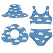 © Jennie - Blue kids swimwear set with cloud pattern including top high waisted bottom bucket hat and flower shaped inflatable swim ring for summer pool and beach activities