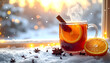 © Bernd Schmidt - Steaming mug of mulled wine with cinnamon and star anise on a snowy windowsill featuring festive glowing christmas lights holiday atmosphere generative AI