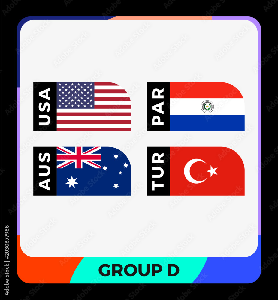 Group D sports stage featuring the national flags and country codes for ...