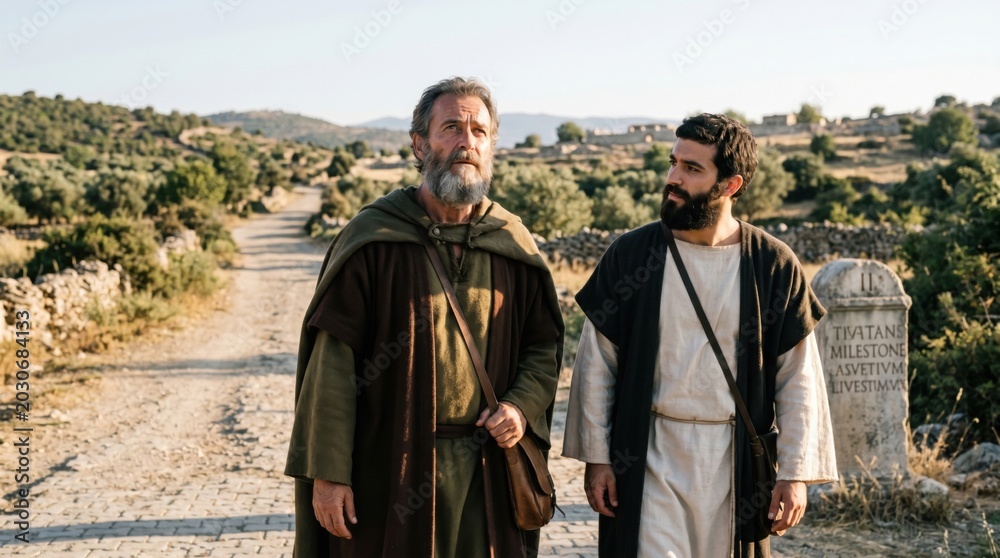 Timothy Disciple Stock-Foto „Apostle Paul and disciple Timothy walking on ancient road ...