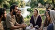 © Svitlana Vorotniak - Apostle Paul preaching the gospel to Lydia and group near river. Biblical scene from Acts of the Apostles. Religious gathering, spiritual teaching and faith. Historic christianity.