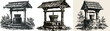 © AI04 - A detailed woodcut print depicts an ancient water well with a wooden roof, showcasing coarse carved lines and a solid black ink bucket against a white background