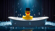 © AishahNabilah - A Dapper Yellow Rubber Duck Sporting a Tiny Bowler Hat Floats Joyfully in a Vast Bathtub Filled with Bubbles and Water.