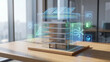 © NK - Miniature modern office building model on wooden desk with rooftop solar panels and floating holographic icons showing meter battery ventilation and eco leaf symbols for smart energy efficiency concep
