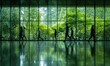 © Om - Silhouettes of people walking past a lush green forest through windows