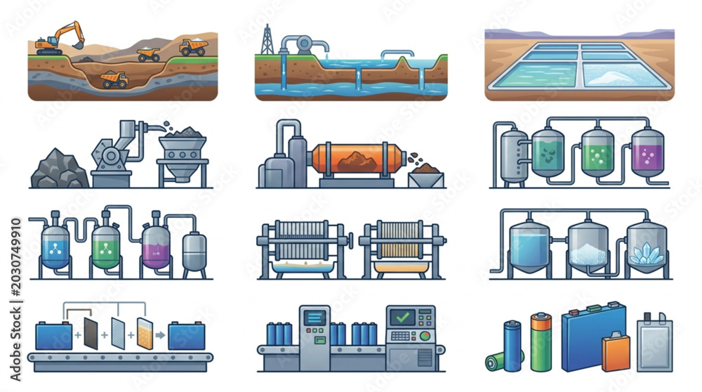 Industrial Manufacturing Process Stages and Equipment Illustration ...