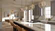 © Mana - Elegant modern kitchen interior with marble countertop, pendant