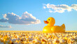 © ZakiYusof - Giant yellow rubber duck toy peacefully floating on a vast sea of golden popcorn kernels under a clear blue sky with fluffy clouds.