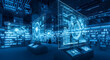 © Eryck Gusdian - Immersive futuristic digital library interior showcasing advanced holographic data visualizations and interactive artificial intelligence interfaces within a vibrant blue, high-tech environment