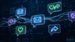 © Ajay - Neon icons pulse on dark digital waves. Email, heart, and arrow symbols glow with energy. Flowing lines connect each symbol in a futuristic net.