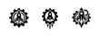 © Lili - Set of three flat black icons featuring rocket ships combined with gears, symbolizing business startup, innovation, and industrial progress.