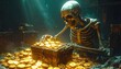 © Ba - Skeleton guarding treasure chest gold coins.