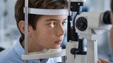 Young patient receives comprehensive eye examination with professional slit lamp equipment during routine vision checkup at modern ophthalmology clinic