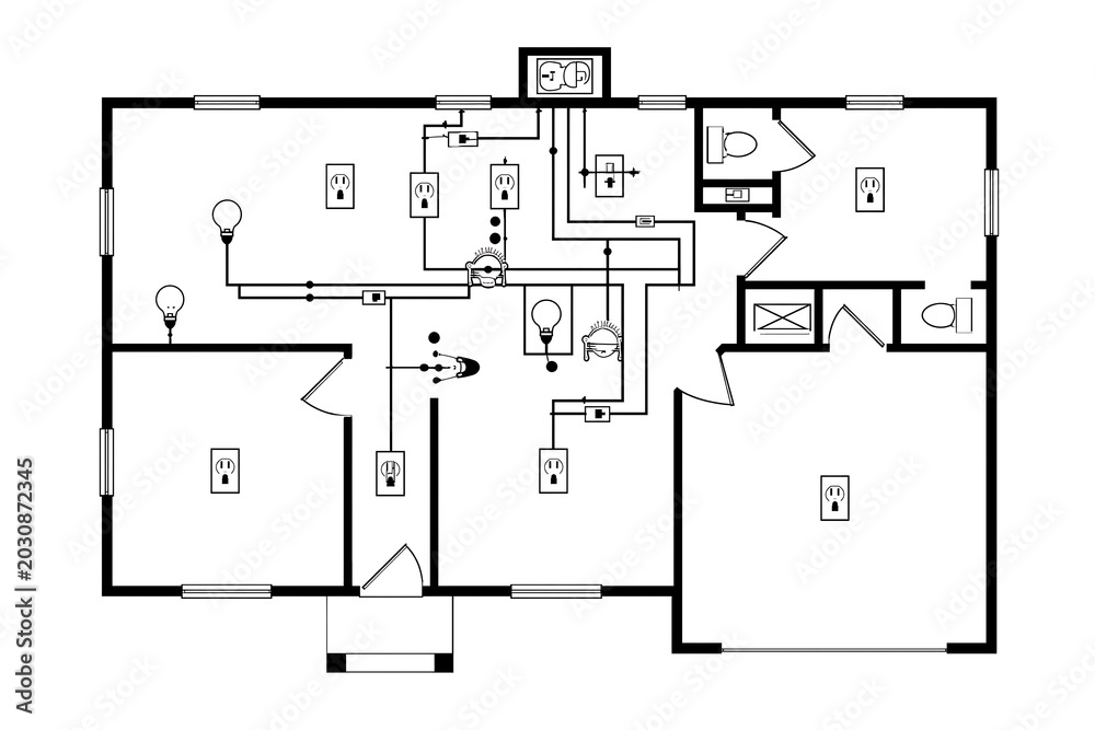 Black and white electrical plan of a house, outlet symbols, switch ...
