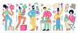 © Dinali - People Grocery Shopping Illustration Flat Design Set, Sustainable Food Consumption and Healthy Lifestyle Concept, Diverse Characters Holding Fresh Organic Produce and Eco-Friendly Products for Market