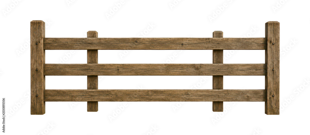 Rustic wooden farm fence isolated on white background, countryside ...