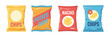 © Ayat04 - Snack Potato Chips Vector Set, colorful cartoon illustrations with flavored chips and sauces, isolated on transparent background for food menu, branding and packaging concepts.