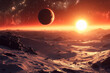 © Tetiana - Spectacular extraterrestrial mountain range beneath a glowing celestial planet in a vibrant cosmic sky, generative AI