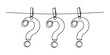 © Raj Creator - Three question marks hanging on a rope with wooden clothespins as a simple line art illustration representing uncertainty and thinking process for business
