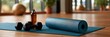 © Iryna - Folded yoga mat with dumbbells and water bottle on wooden studio floor for fitness studio background and wellness banner design