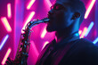 © Tetiana - Generative AI Image of a Jazz Performer Playing a Saxophone in a Vibrant Atmosphere