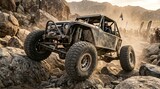 Off-road vehicle navigating a challenging rocky terrain, demonstrating rugged adventure and outdoor exploration