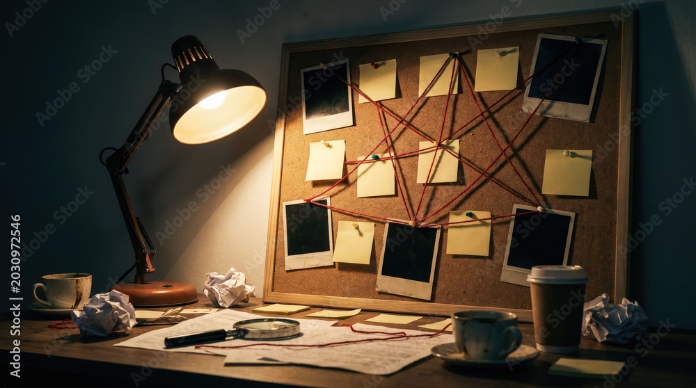Detective investigation board with red string and photos Stock Photo ...