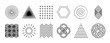 © Happy Carrot - Collection of black minimalist geometric shapes and abstract design elements including circles, triangles, lines, dots, and a maze, representing modern graphic symbols and patterns