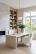 © Hamidakhanom - home office with white oak flooring, built in bookshelves, a fireplace in front of it. there is an armchair at the center under a large window