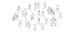 © Happy Carrot - Diverse collection of minimalist isometric line art people walking, standing, talking, and sitting on benches, depicting an anonymous urban crowd