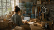 © First.CG - Female E-commerce Entrepreneur Working on Laptop with Futuristic HUD Overlay Smart Dashboard for Online Sales and Order Tracking