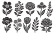 © AlexTroi - Linocut art floral for flower vector design and nature isolated leaf. Texture vintage illustration for black graphic linocut and plant logo spring. Linocut stamp leaves for flower garden art