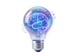 © GFX.LIYAKOT - 3D illustration of a glass light bulb with a glowing digital brain inside, concept of artificial intelligence, creative idea, innovation, or brainstorming.