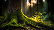 © Niams Haus - vigorously. Young vibrant shoots growing at the base of an ancient oak tree, bathed in soft dawn light. gardening catalogs, home-decor guides, designed for home decor and floral branding.
