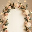 © MD Taufiqur - Lush floral arch made of roses and peonies on soft beige background with bokeh.