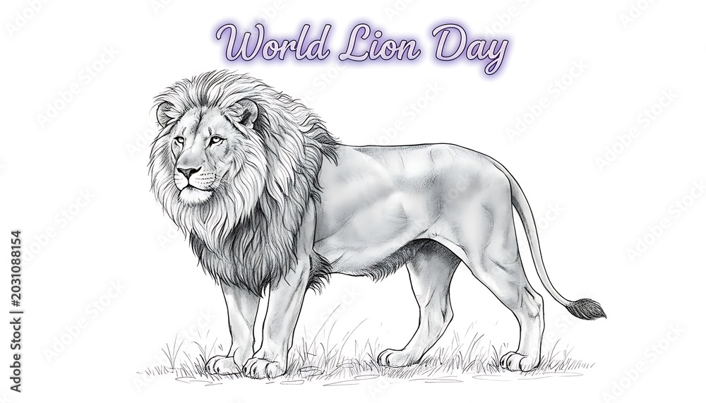 Majestic standing lion line drawing with World Lion Day text in a ...