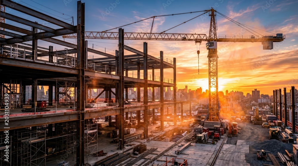 Stock-Foto „Steel building framework under construction with tower ...