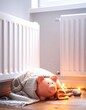 © bawwuhh - A little girl with a piggy bank sits in bed near a white room heater radiator, keeping warm in her home during the cold winter