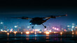 © SirArbusto - Futuristic eVTOL Drone Landing at Night: A cutting-edge electric vertical takeoff and landing (eVTOL) drone descends onto a landing pad at night.