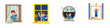 © Tono - Set of Illustrations Featuring a Cheerful Young Boy Playing and Waving from Different Window Styles, Including Square, Yellow, and Round Windows.