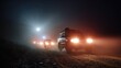 © อ่อนสา - Night Expedition: A convoy of vehicles, illuminated by headlights piercing the dense fog, navigates a rugged dirt road under the cloak of darkness.