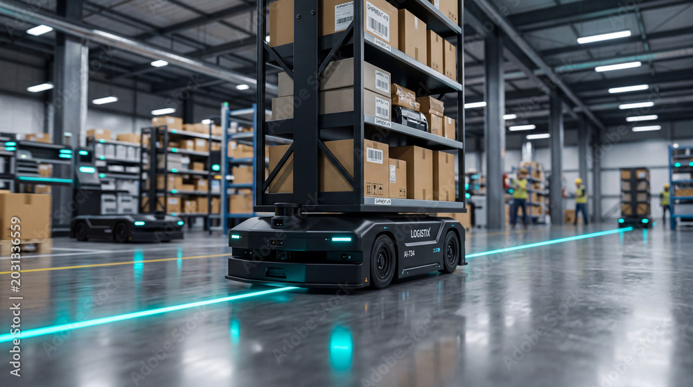 Automated guided vehicle AGV moving cardboard boxes along glowing track ...