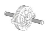 A black and white line drawing depicts an ab roller. The ab roller consists of two rotating wheels connected by a central axle.