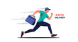 © Shakil - Fast delivery man in a green shirt and cap runs quickly carrying a blue bag for rapid delivery service concept.
