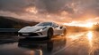 © Envision - Modern white supercar speeding on a rain-soaked road at golden sunset, with reflections on wet asphalt and dark storm clouds, showcasing power, speed and luxury